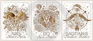 Vektor ilustrácie z zverokruh známky v kvety karta. známky z prvok z. baran lev strelec 